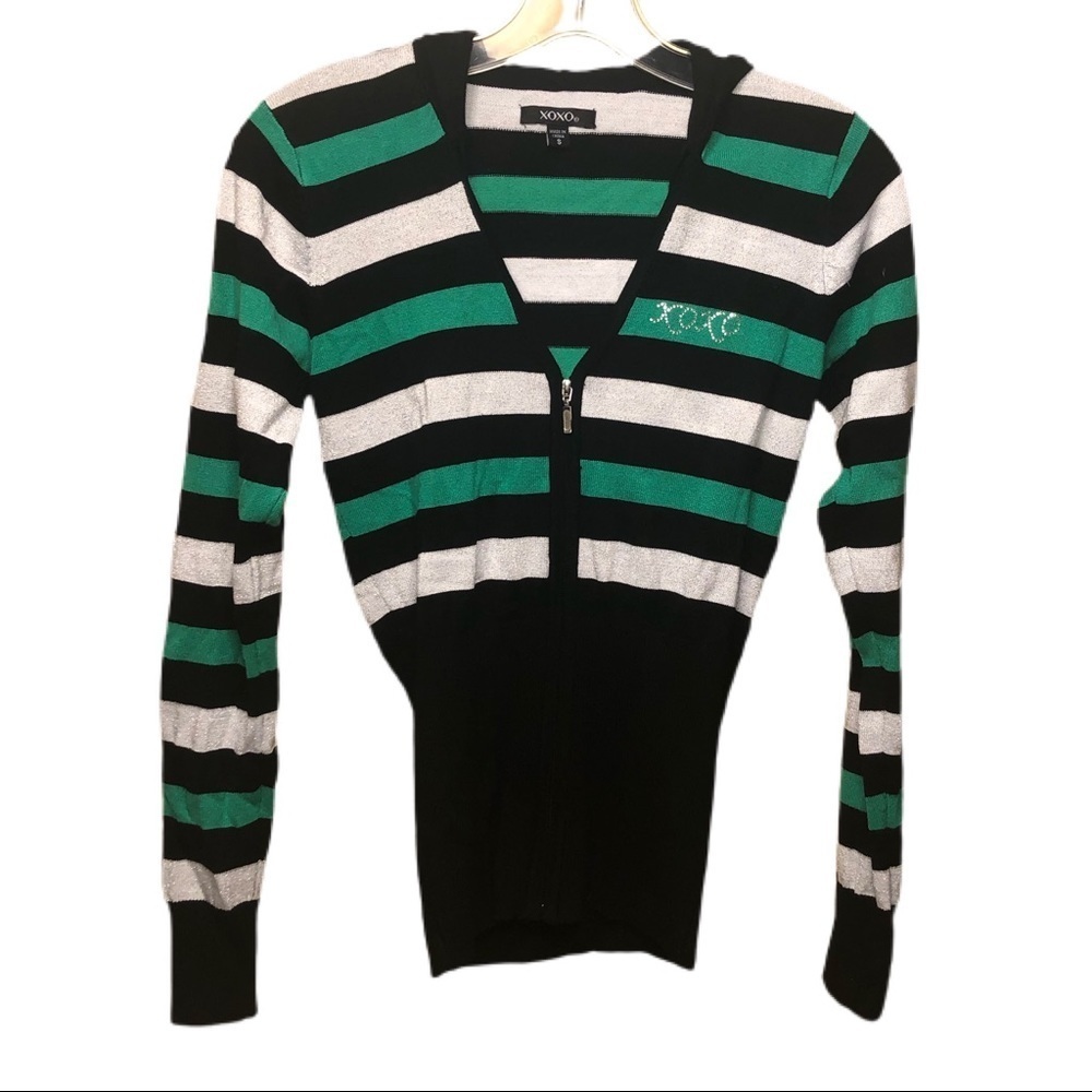 XOXO Green and White Glitter Striped Fitted Hoodie Y2K Vintage